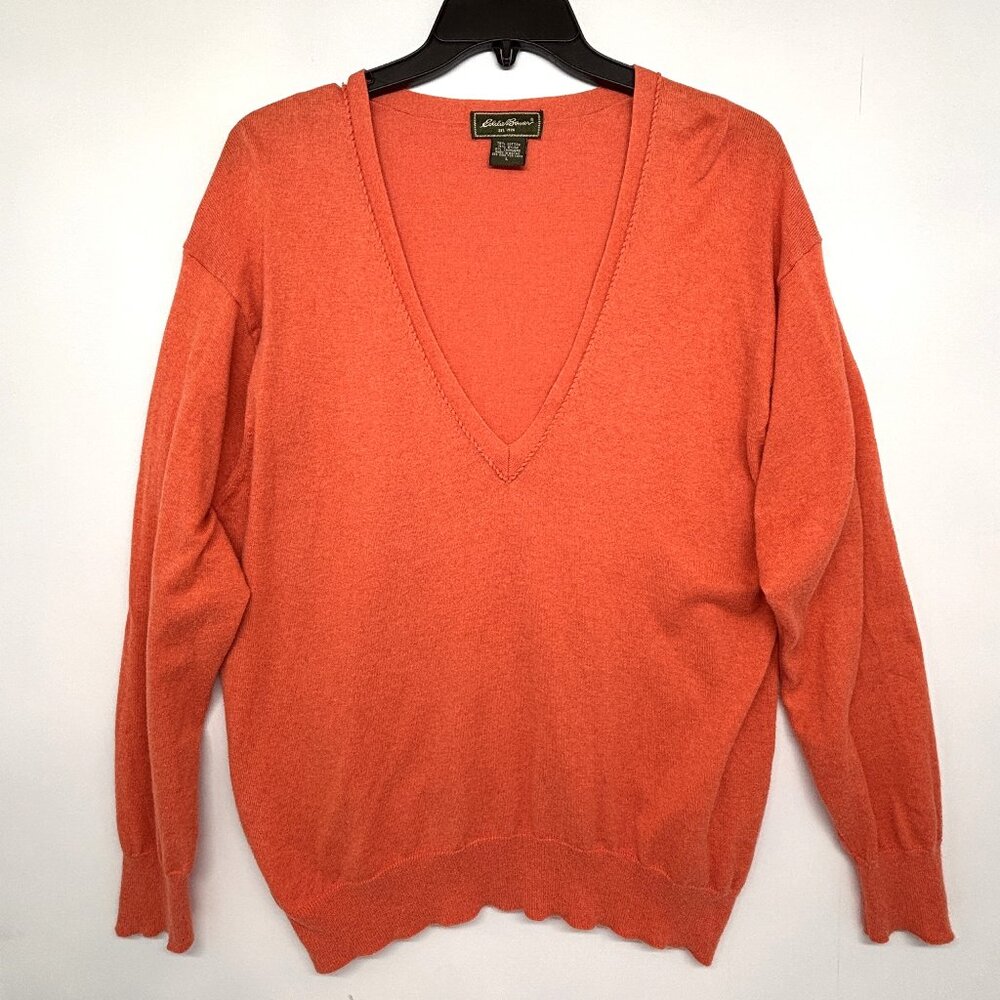 Eddie Bauer V Neck Sweater Long Sleeve Orange Pull Over Women's Size Large
